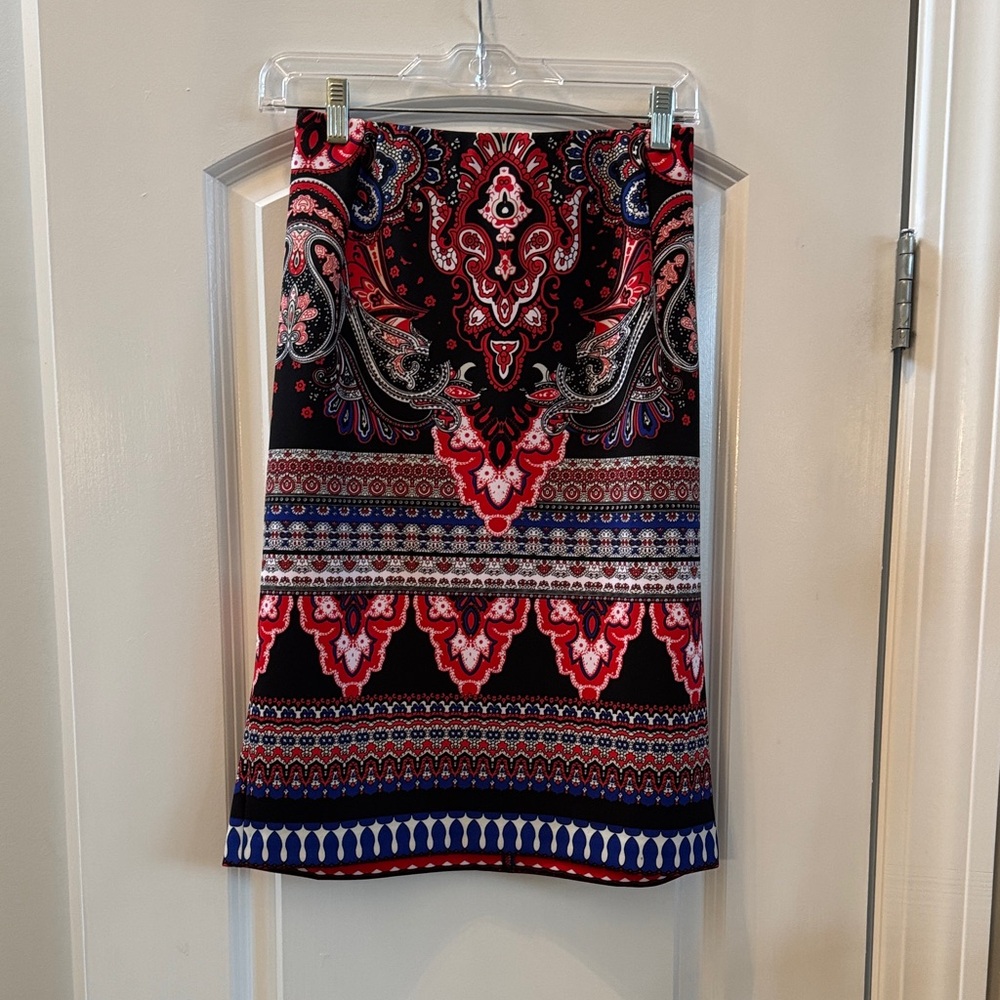 Premise Red and Black Paisley Pencil Skirt